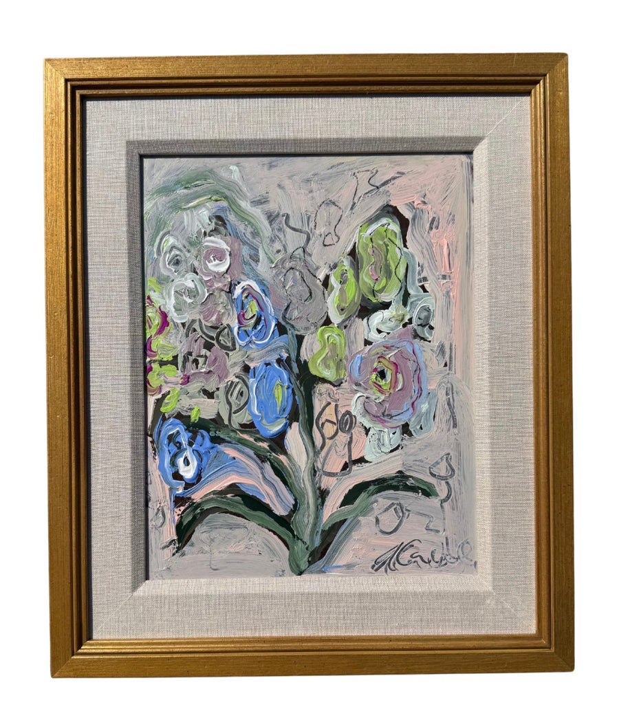Blue and Green Florals in a Pale Pink Room
