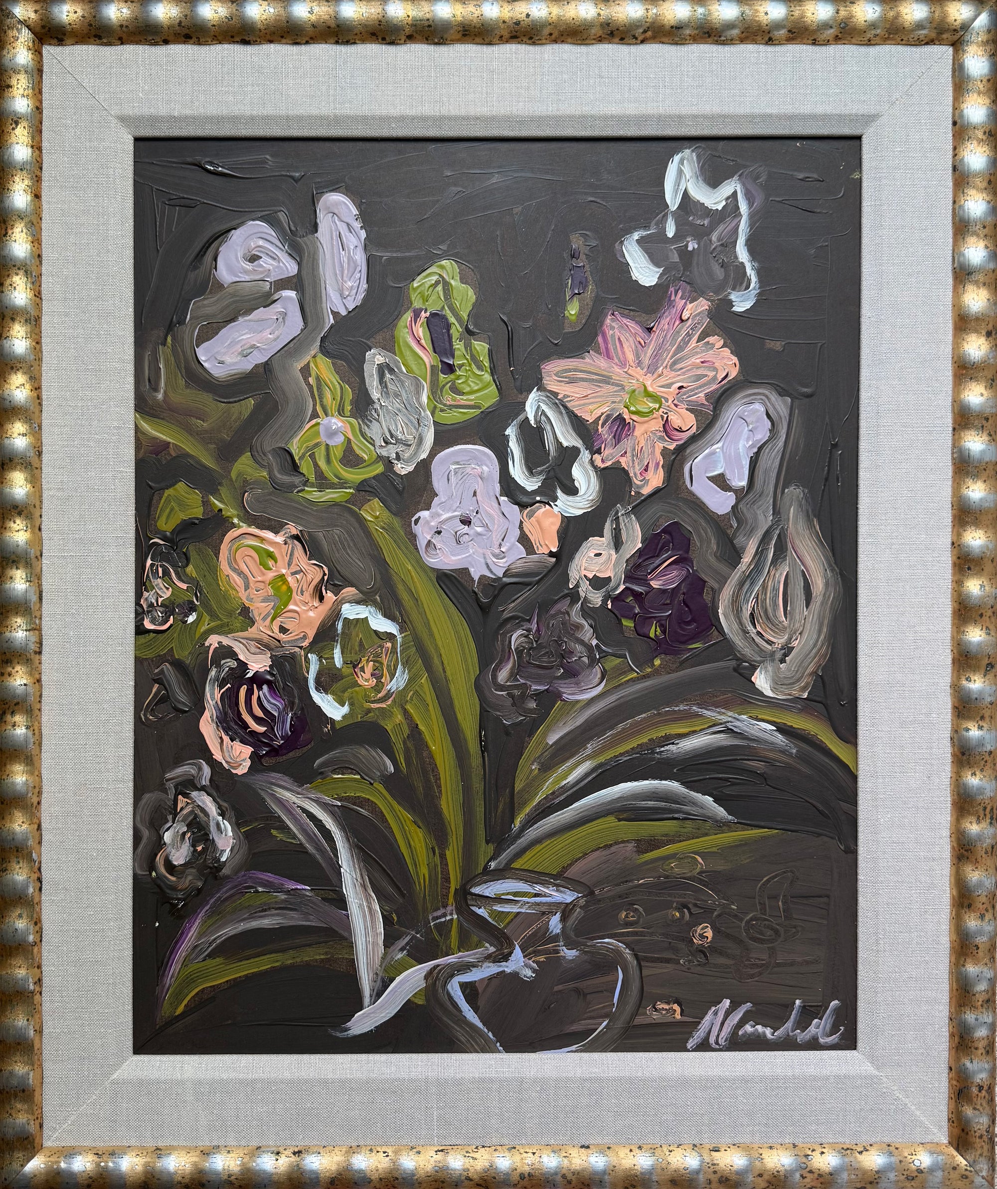 Lilac and Coral Flowers in a Brown Room