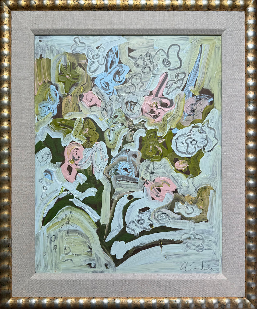 Green and Coral Flowers in a Light Blue Room