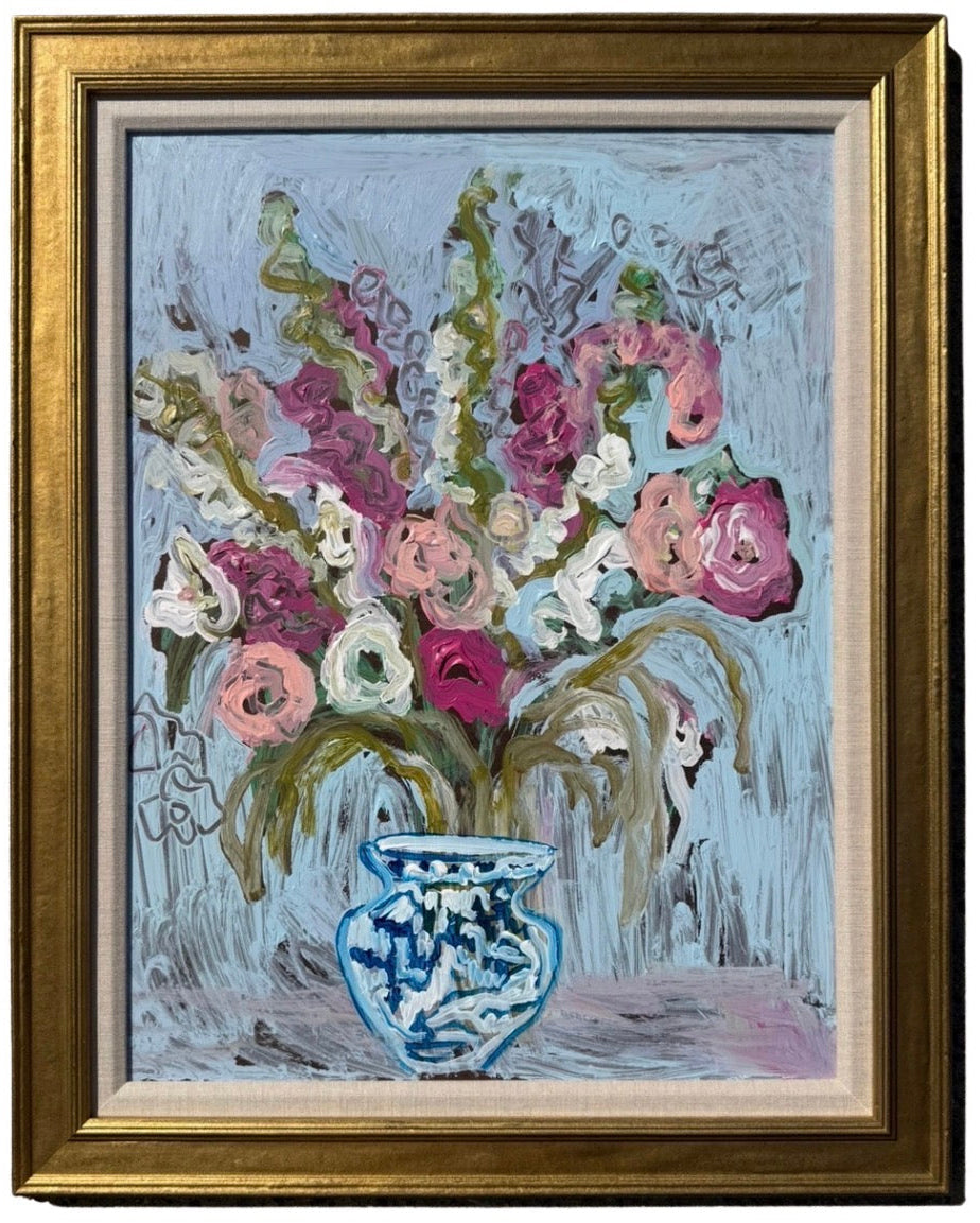 Pink and Green Florals in a Blue and White Vase