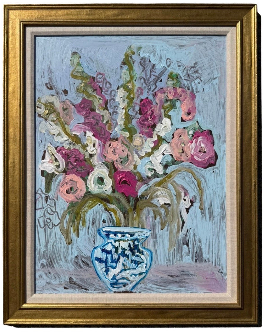Pink and Green Florals in a Blue and White Vase