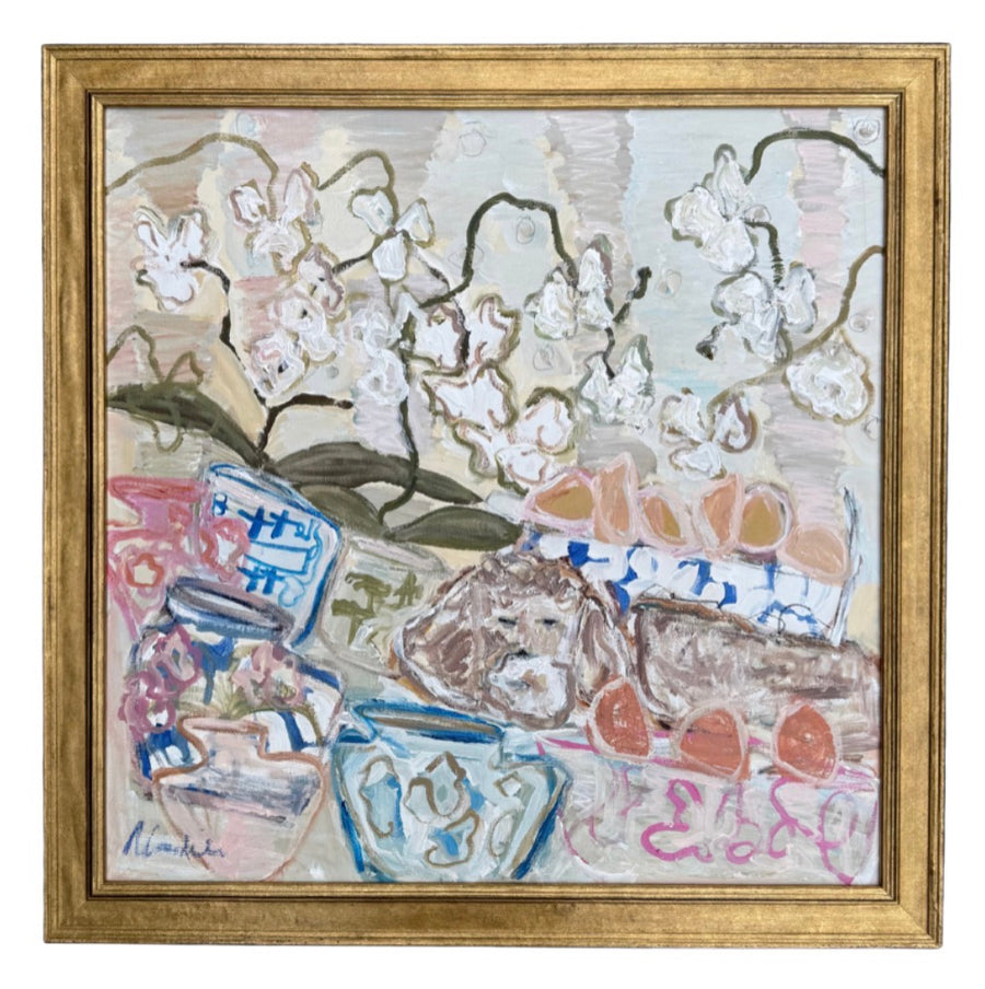 Brown and White Puppy with Colorful Flowers and Colorful Pottery