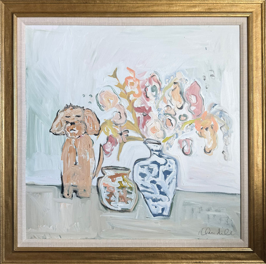 Flowers in Vase with Yellow Puppy