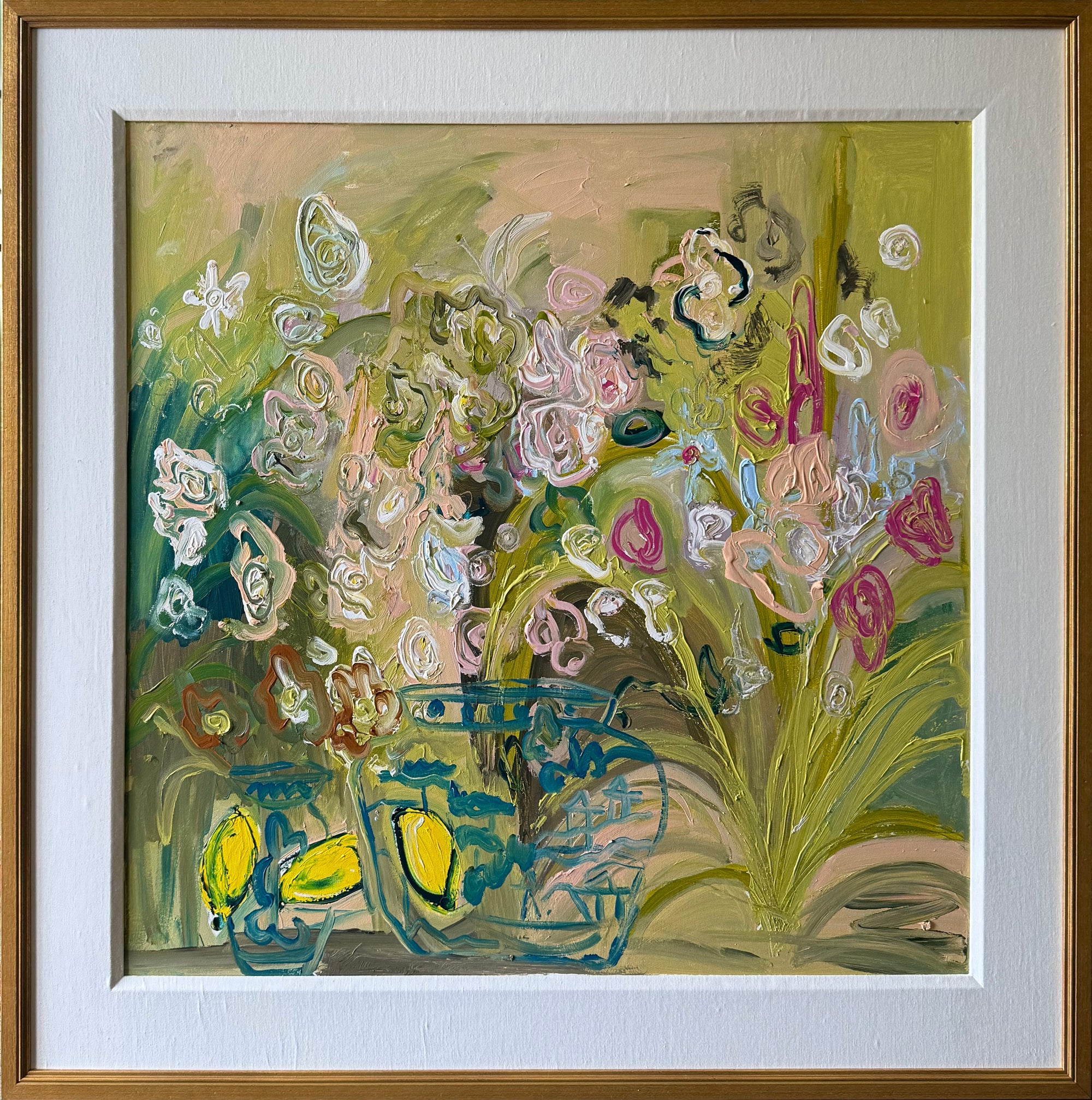 Florals and Blue Pottery in a Chartreuse Room