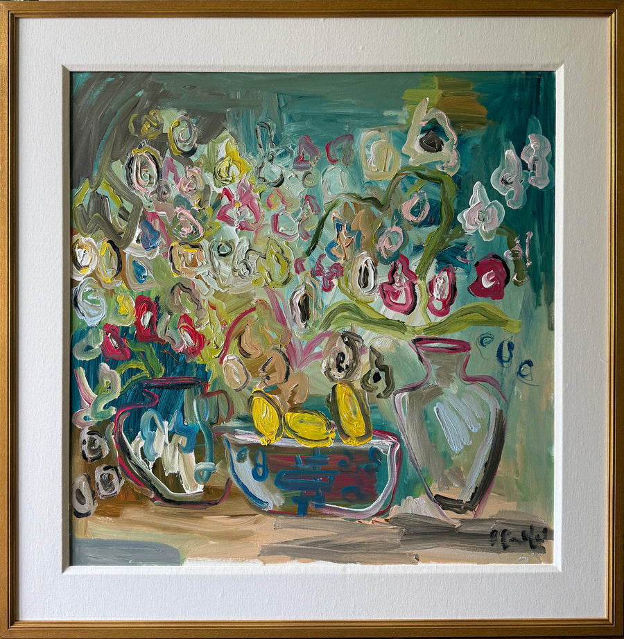 Flowers and Lemons in a Dark Blue Room