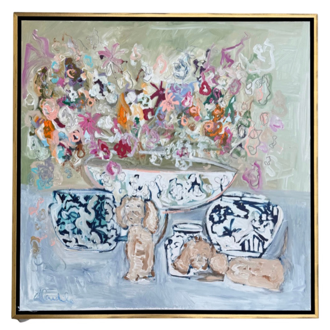 Two Puppies with Blue and White Chinoiserie