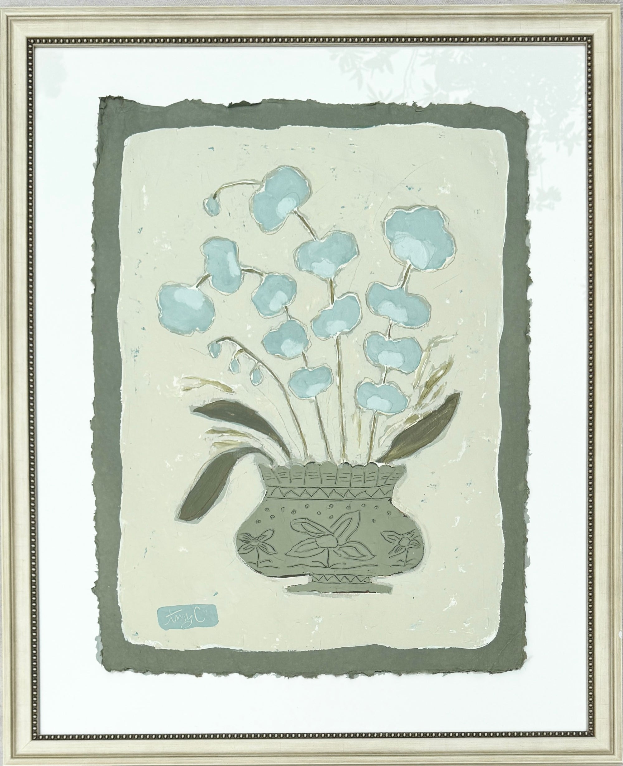 Indigo Botanical in Carved Urn