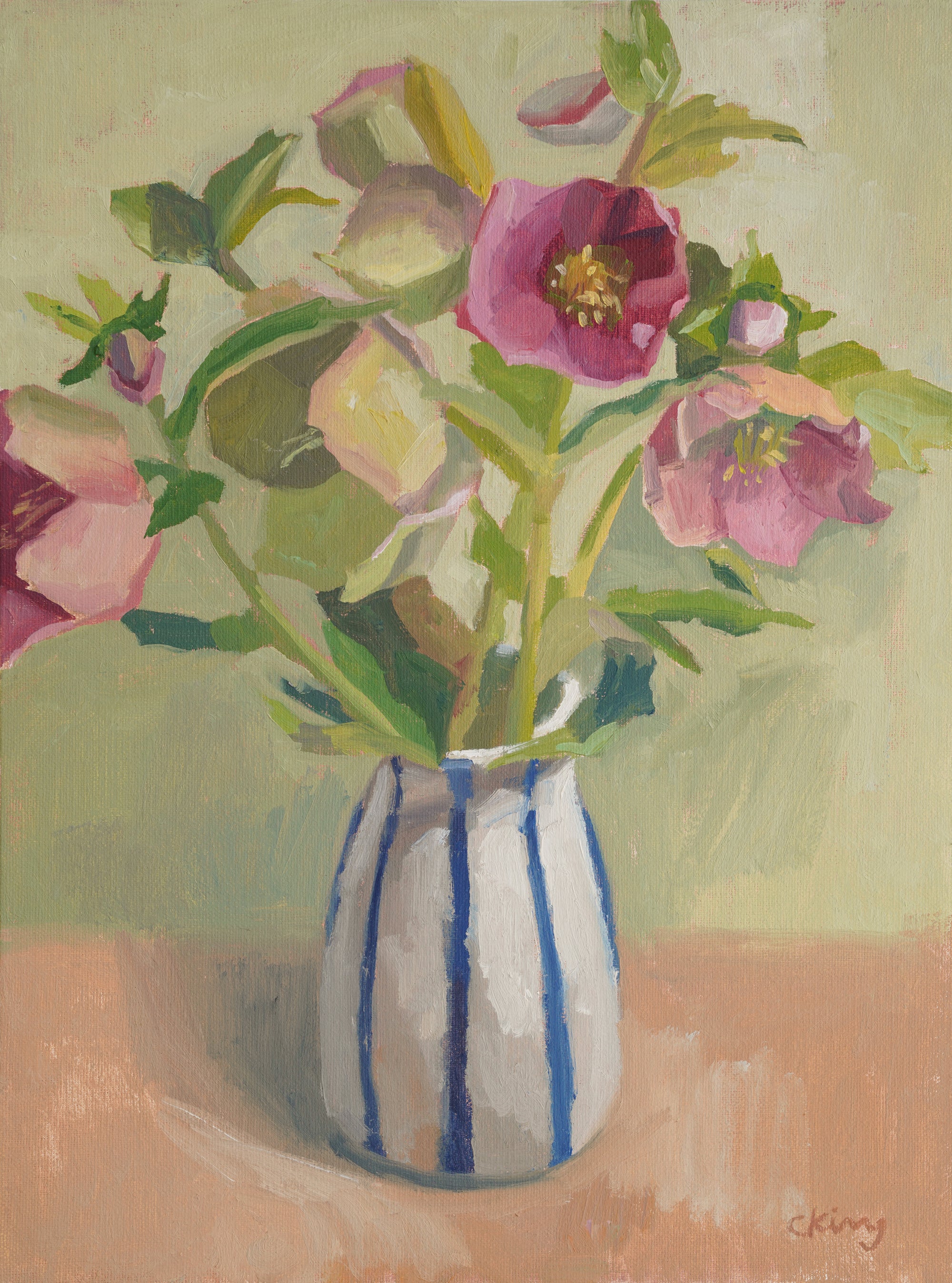 Hellebores in Striped Vase