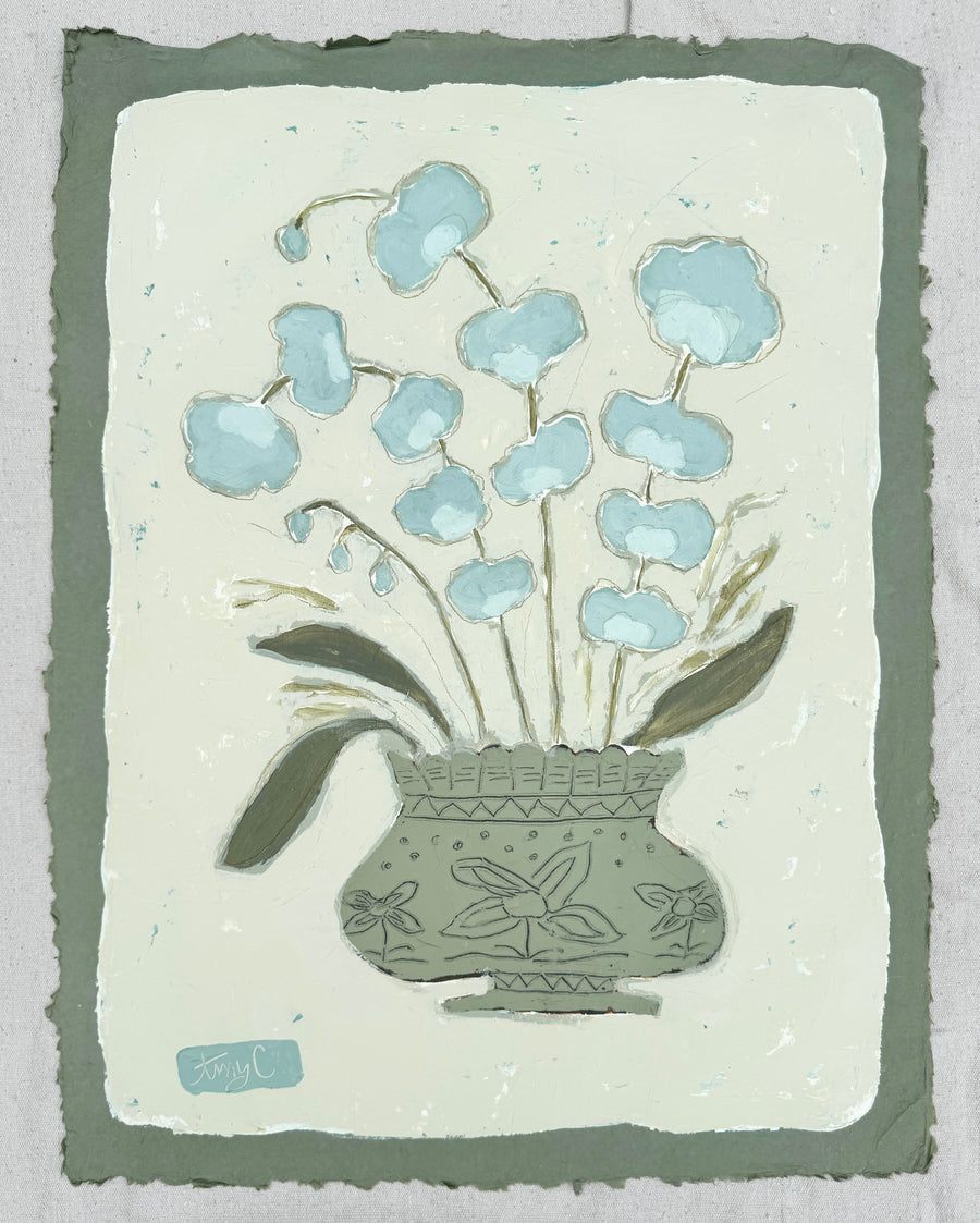 Indigo Botanical in Carved Urn